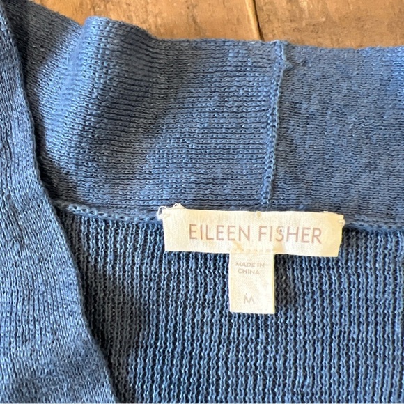 Eileen Fisher Linen Open Front Cardigan Sweater Medium Blue Preppy Coastal Drapy - Picture 4 of 9